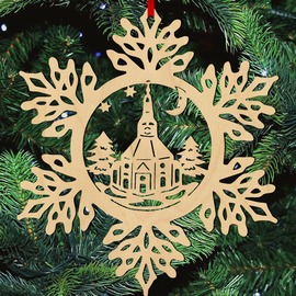 Fa karácsonyfadísz – Hópehely templommal