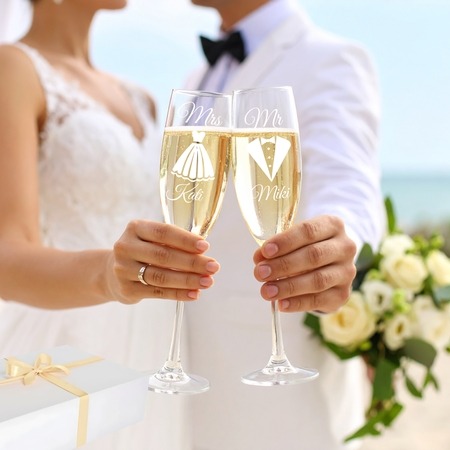Mr és Mrs pezsgős poharak díszdobozban Mr és Mrs pezsgős poharak díszdobozban