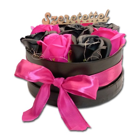 Szappanrózsa box, fekete rózsadoboz - fekete/pink