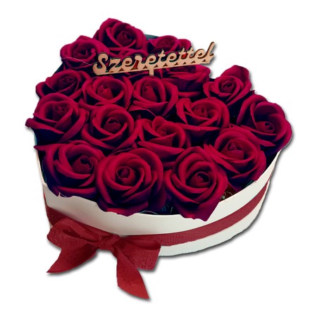 Szappanrózsa szívbox, fehér rózsadoboz - vörös