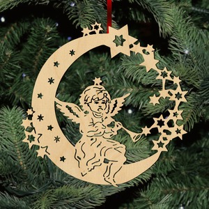 Fa karácsonyfadísz – Zenélő angyal Holdon