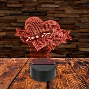 3D LED lámpa - Szív rózsával